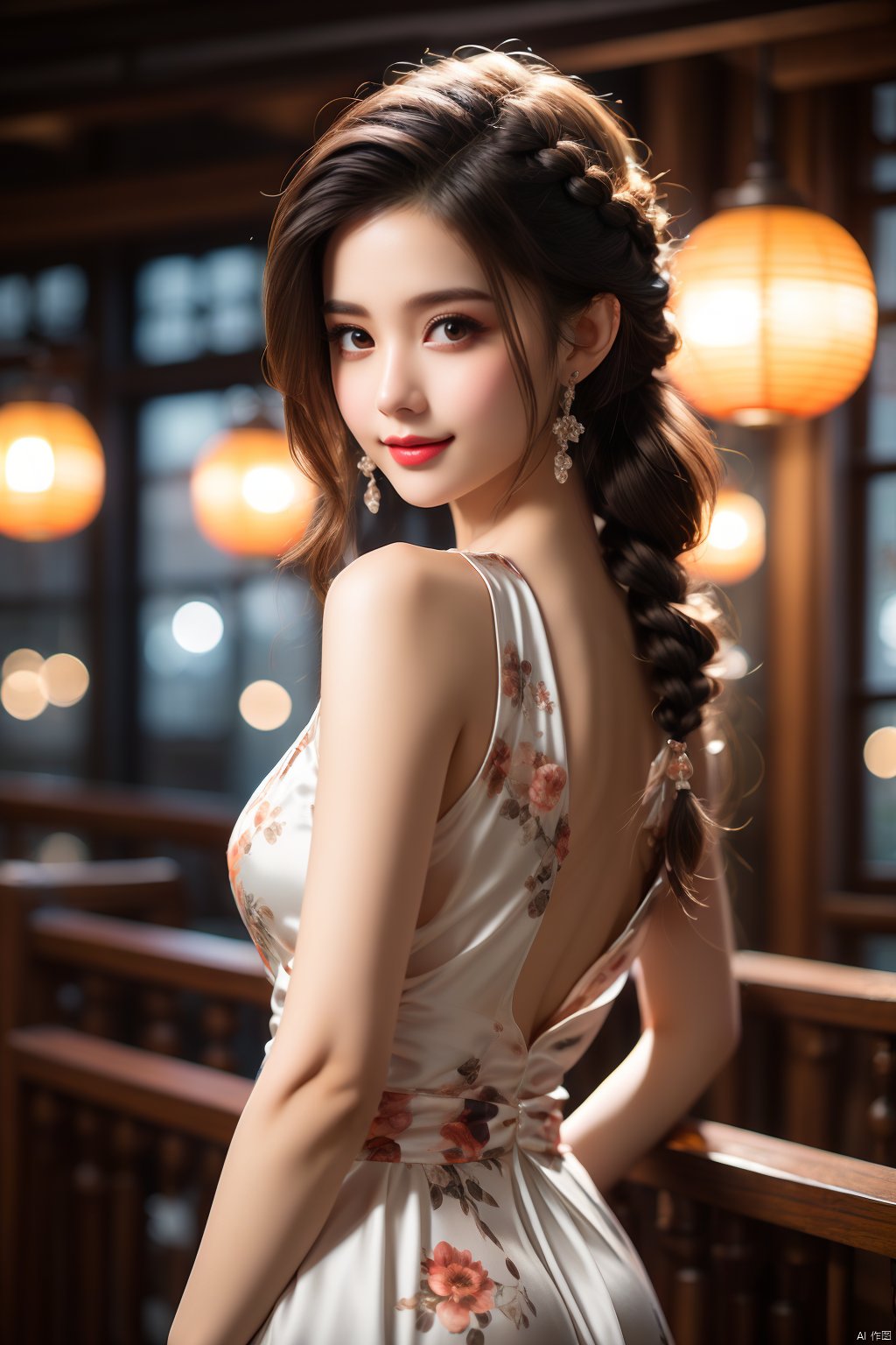  lj, 1girl, jewelry, earrings, solo, long hair, arm behind back, dress, braid, white dress, blurry, looking at viewer, blurry background, smile, brown hair, black hair, floral print, lips, brown eyes, sleeveless