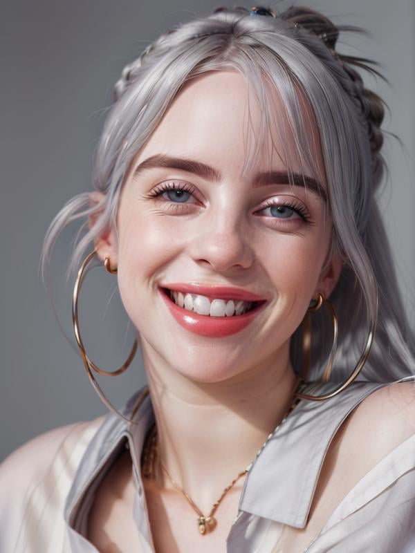 gquality, <lora:billie-10:1> 1girl. solo. looking at viewer. smile. upper body. grey hair. white hair. teeth. grin. blurry background. portrait. realistic. earrings. hoop earrings