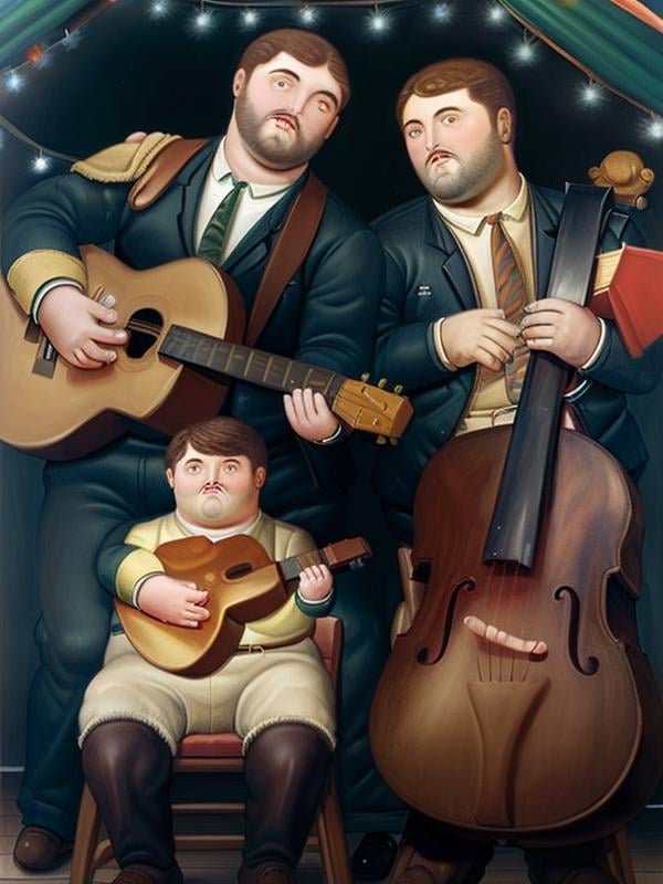 gquality, botero, <lora:botero-10:1> multiple boys, playing instrument