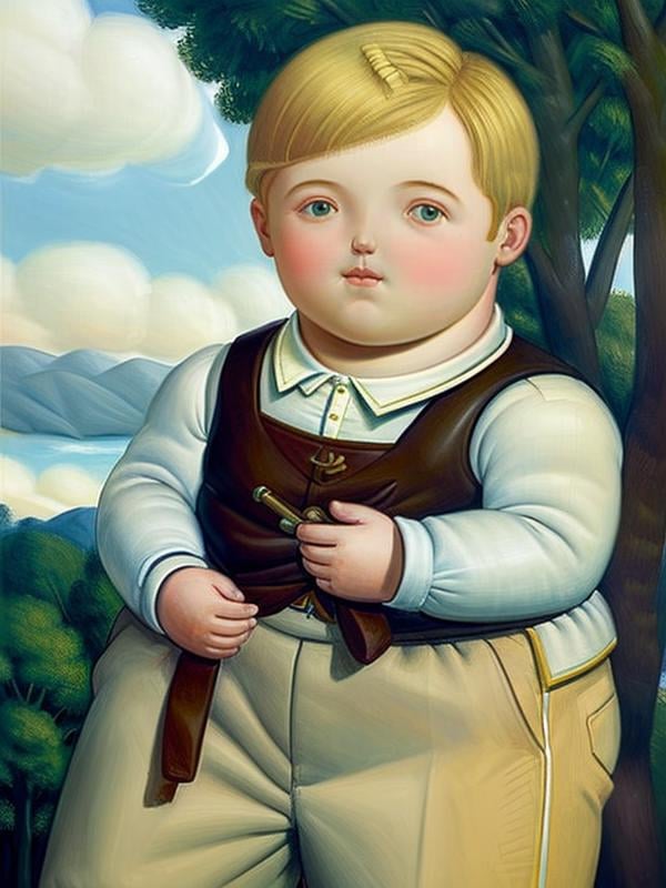 gquality, botero, <lora:botero-10:1> 1boy, kid, blonde hair, trees