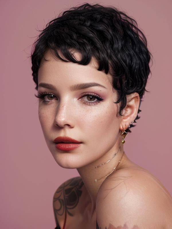 gquality, <lora:halsey-10:1> halsey, 1girl, solo, short hair, looking at viewer, black hair, bare shoulders, earrings, realistic, portrait, makeup, pink background, eyeshadow, lipstick, red lips