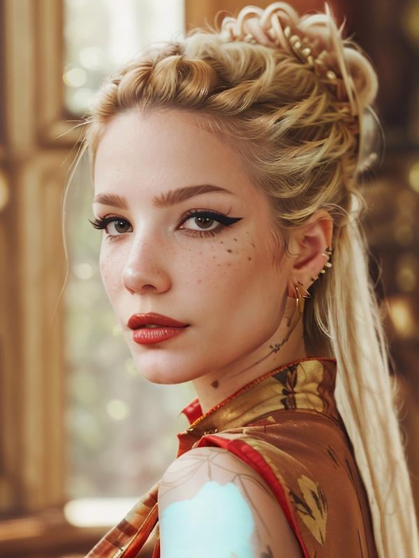 gquality, <lora:halsey-10:1> halsey, 1girl, solo, long hair, looking at viewer, blonde hair, earrings, realistic, portrait, sleeveless, makeup, mole, eyeliner, single hair bun, chinese clothes, red lips, hair bun, dress, piercing, ear piercing