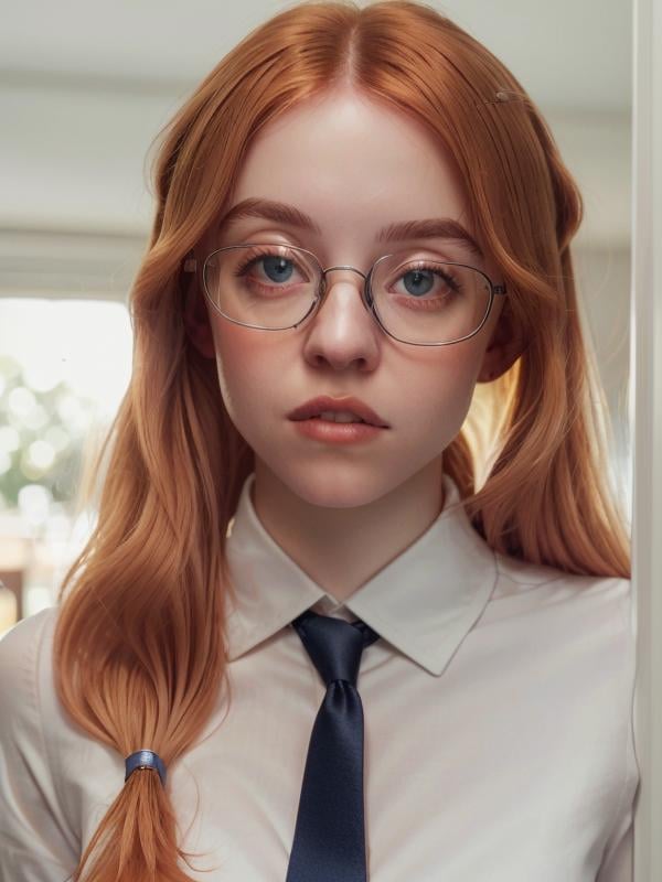 gquality, <lora:sydney-10:1> sydney, 1girl, orange hair, solo, looking at viewer, glasses, collared shirt, schoolgirl, white shirt