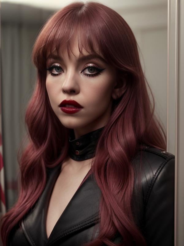 gquality, <lora:sydney:1> sydney, 1girl, solo, parted lips, makeup, lipstick, portrait, realistic, red lips, eyeliner, bangs, black jacket, jacket