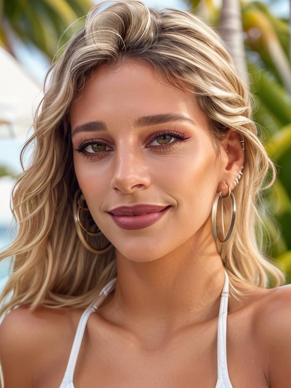 gquality, <lora:sol-10:1> sol, 1girl, solo, looking at viewer, smile, portrait, earrings, realistic, piercing, hoop earrings, bikini, swimsuit, makeup, eyelashes, eyeshadow, lipstick