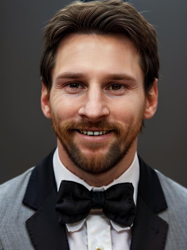 gquality, <lora:leo-10:1> leo, solo, smile, simple background, 1boy, bow, male focus, bowtie, black bow, facial hair, blue background, formal, suit, portrait, beard, black bowtie, realistic, mustache, traditional bowtie, grin