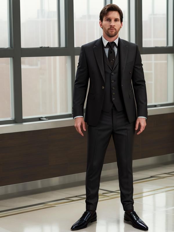 gquality, <lora:leo-10:1> leo, solo, 1boy, standing, jacket, full body, male focus, necktie, shoes, pants, indoors, black footwear, window, facial hair, formal, suit, black necktie, stubble, black suit