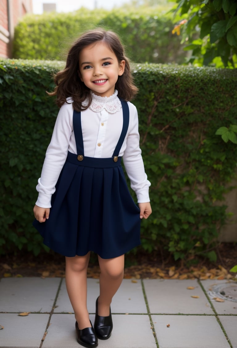 little girl, 7 year-old, full body, skirt suspender, suspender, tulle sleeves, white shirt, collar bib, lace, secret garden background, looking at viewer, black hair, Long messy Wavy Hair, hair bow, long sleeves, black shoes, realistic, sunny day, soft smile, MSWS,Long Natural Wavy Hair,MSWS,skirt suspenders,Wavy Hair