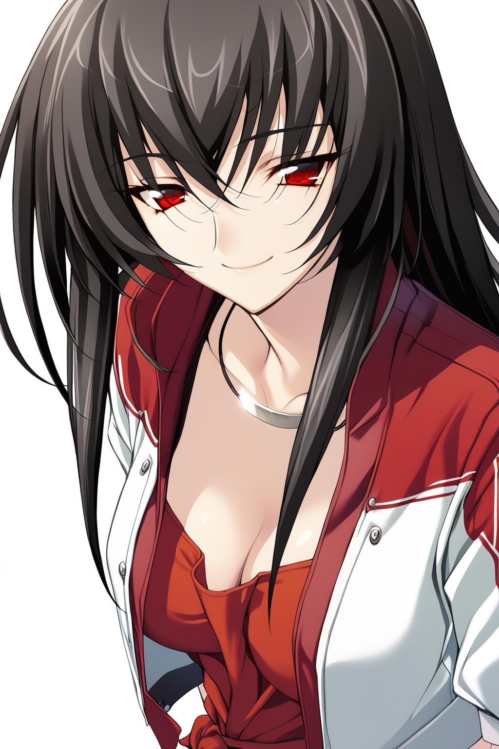 1girl,Suzushiro Rein,jackrein,cropped jacket,red front-tie top,sliver necklace,upper body,masterpiece,best quality,solo,game cg,(detailed beautiful eyes:1.2),(beautiful face:1.2),simple background,white background,smile,<lora:SuzushiroReinXL:1>,novel,cleavage,