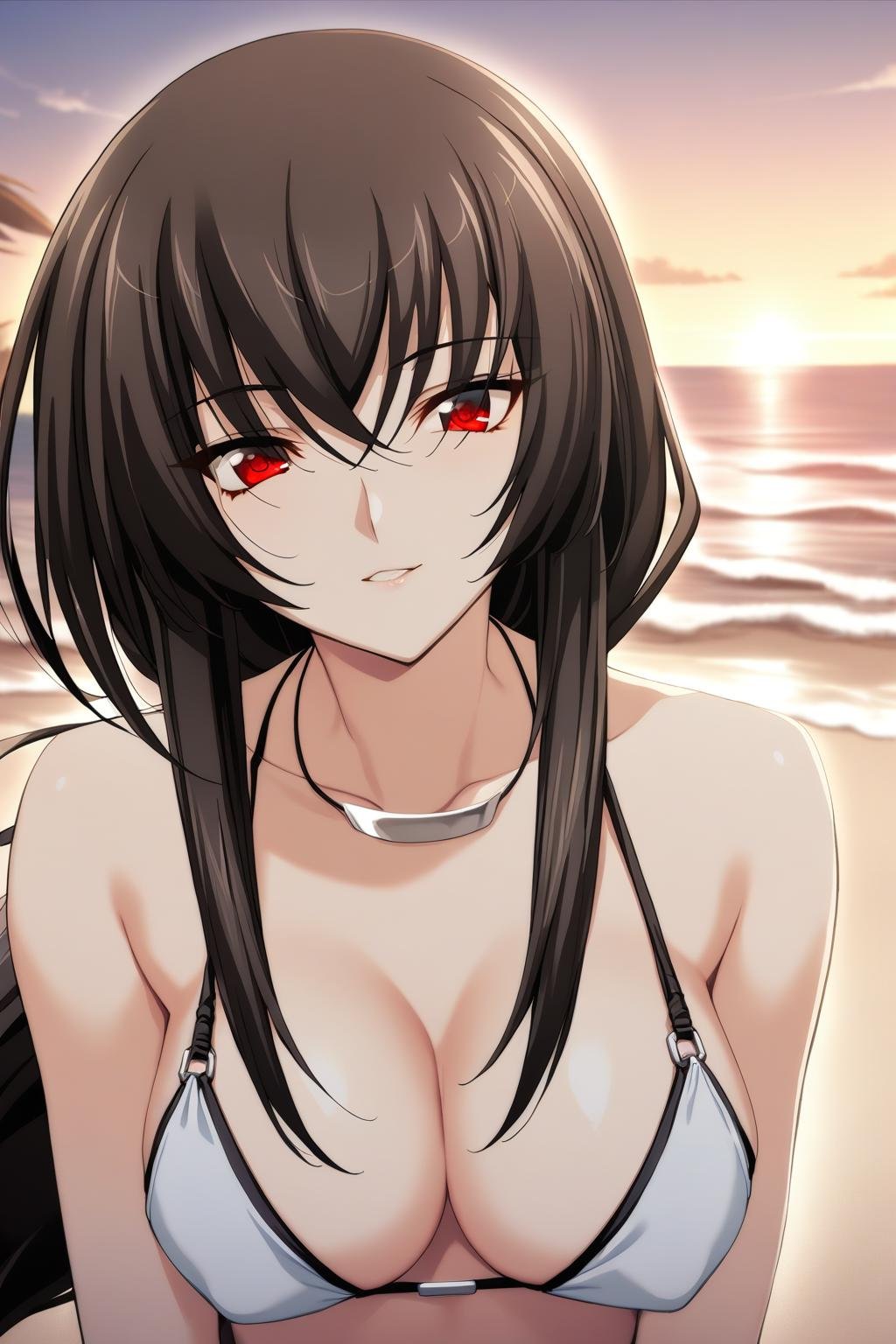 1girl,Suzushiro Rein,swimrein,white bikini,sliver necklace,hair bell,1ponytail,masterpiece,best quality,solo,game cg,(detailed beautiful eyes:1.2),(beautiful face:1.2),<lora:SuzushiroReinXL:0.9>,beach,sunset,large breasts,