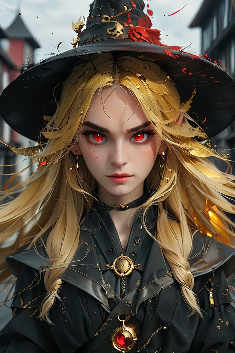 Red eyes, evil, golden, shiny, gold hair,High detailed ,midjourney,perfecteyes,Color magic,urban techwear,hmochako,better witch,witch, witch,Long hair ,long hair