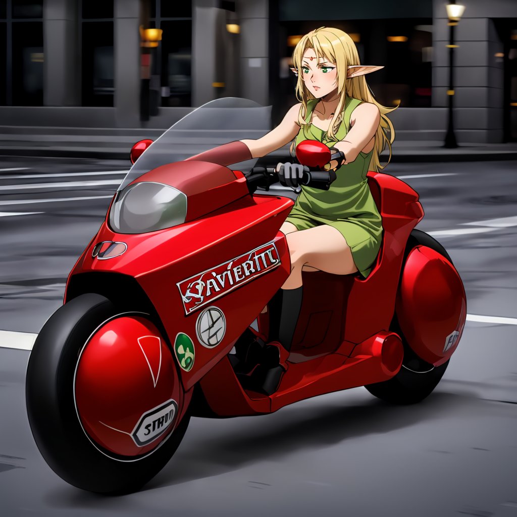 <lora:kanedabike004:0.7>,<lora:add_detail:0.5>,kanedabike,bigscooter,<lora:Deedlit001:0.5>,Deedlit,elf,1girl,blonde hair,(circlet:1.1),long hair,green eyes,short dress,sleeveless,