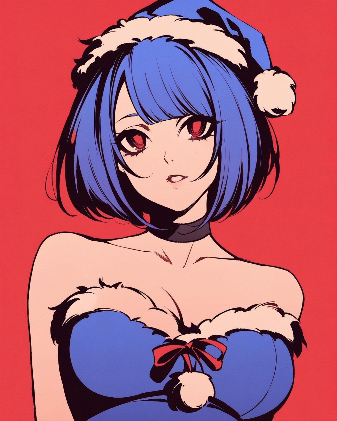 high contrast, high contrast, 1girl, senjougahara hitagi, solo, hat, santa hat, blue hair, breasts, choker, bare shoulders, santa costume, upper body, looking at viewer, red eyes, cleavage, red background, short hair, bangs, parted lips, dress, fur trim, collarbone, fur-trimmed dress, santa dress, strapless, pom pom, (clothes), christmas, medium breasts, blue dress, blue headwear, fur-trimmed headwear, strapless dress, red background,simple background,<lora:Hcontrast-000014:0.9>