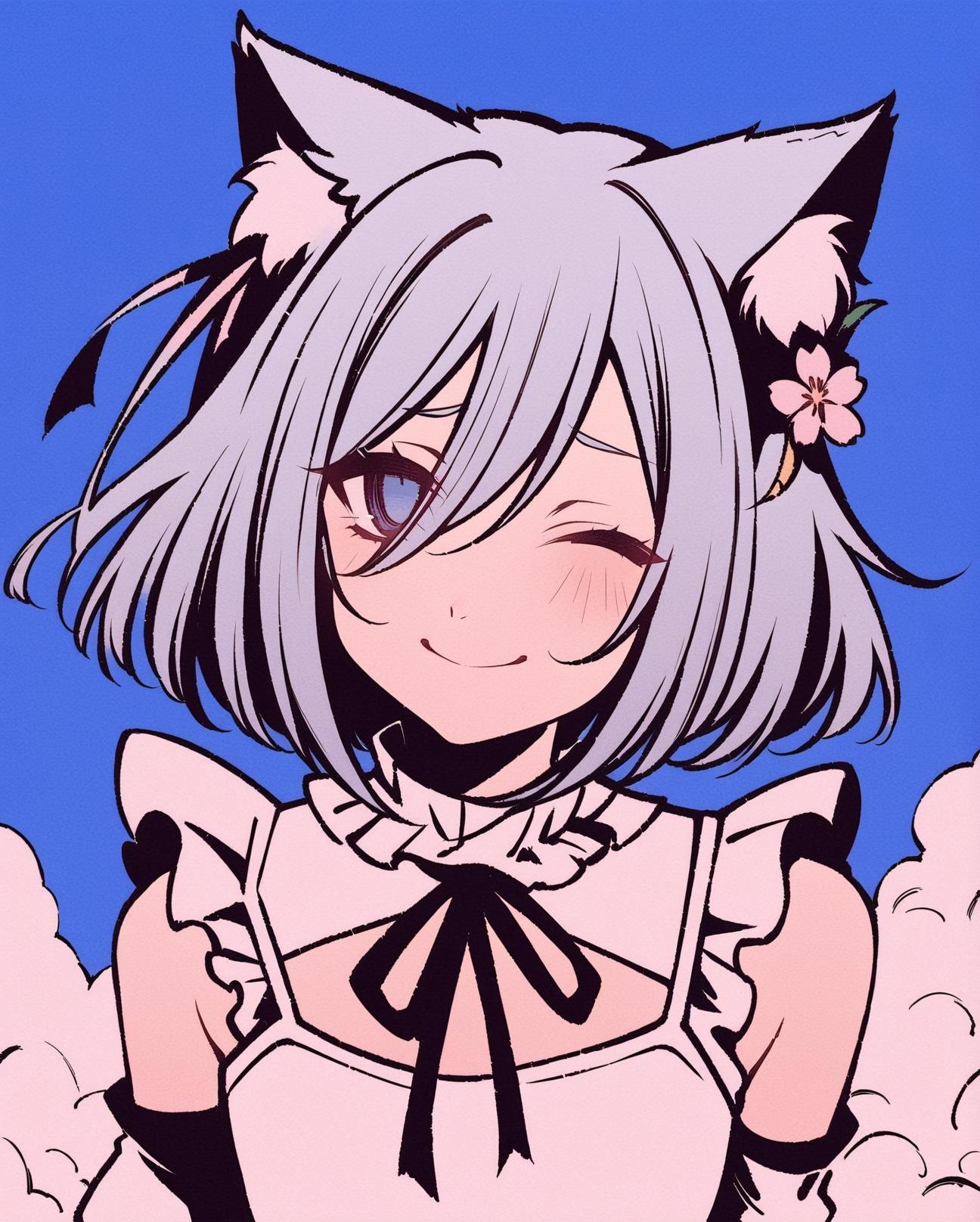 high contrast, simple background, 1girl,cherry blossoms,hair flower,ribbon,hair ribbon,cat ears,animal ear fluff,(wink:1.2),close one eye,smile,close mouth,blue eyes,short hair,grey hair,bangs,hair between eyes,eyebrows visible through hair,blush,neck ribbon,frilled,frilled_collar,flat chest,white dress,crease,sleeveless dress,detached_sleeves,looking at viewer,cherry blossoms tree around,blue sky,cirrus,  <lora:Hcontrast-000014:0.9>