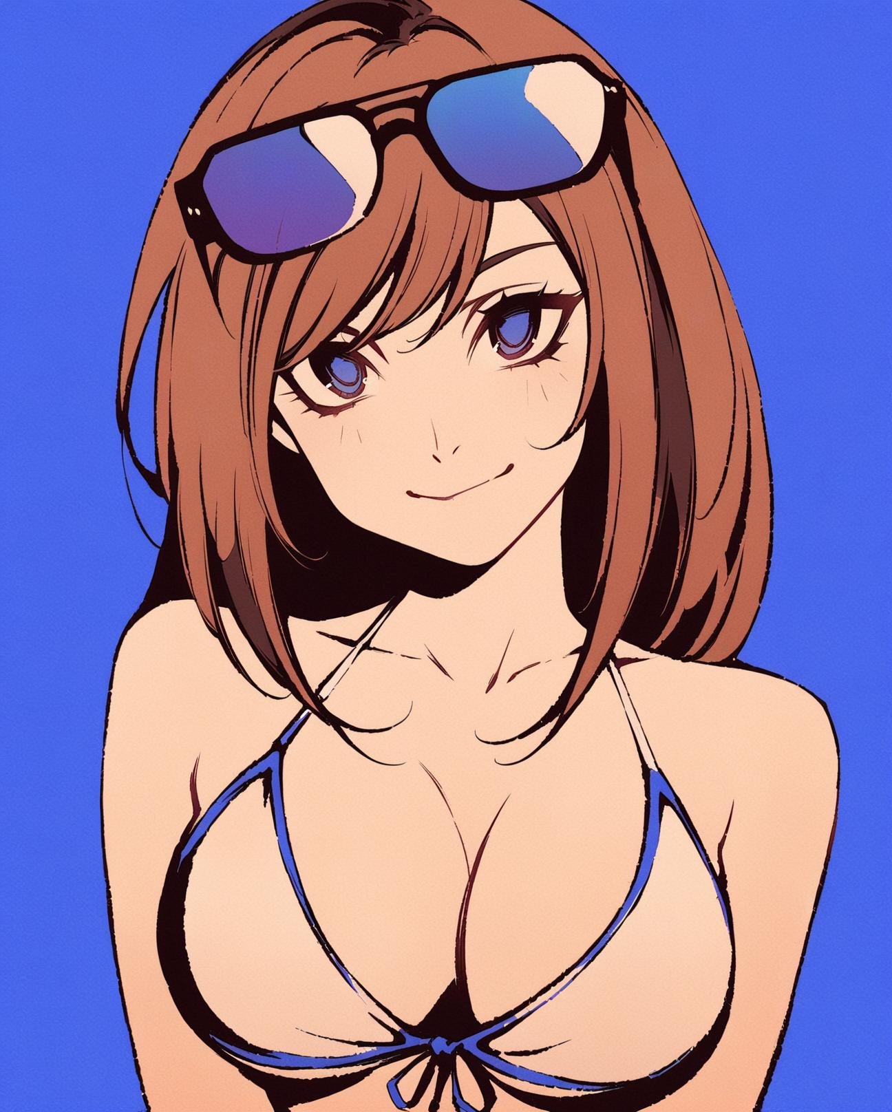 high contrast, simple background,1girl, breasts, eyewear on head, blue background, solo, cleavage, sunglasses, looking at viewer, smile, swimsuit, blue eyes, upper body, brown hair, bikini, collarbone, multicolored hair,<lora:Hcontrast-000014:0.9>