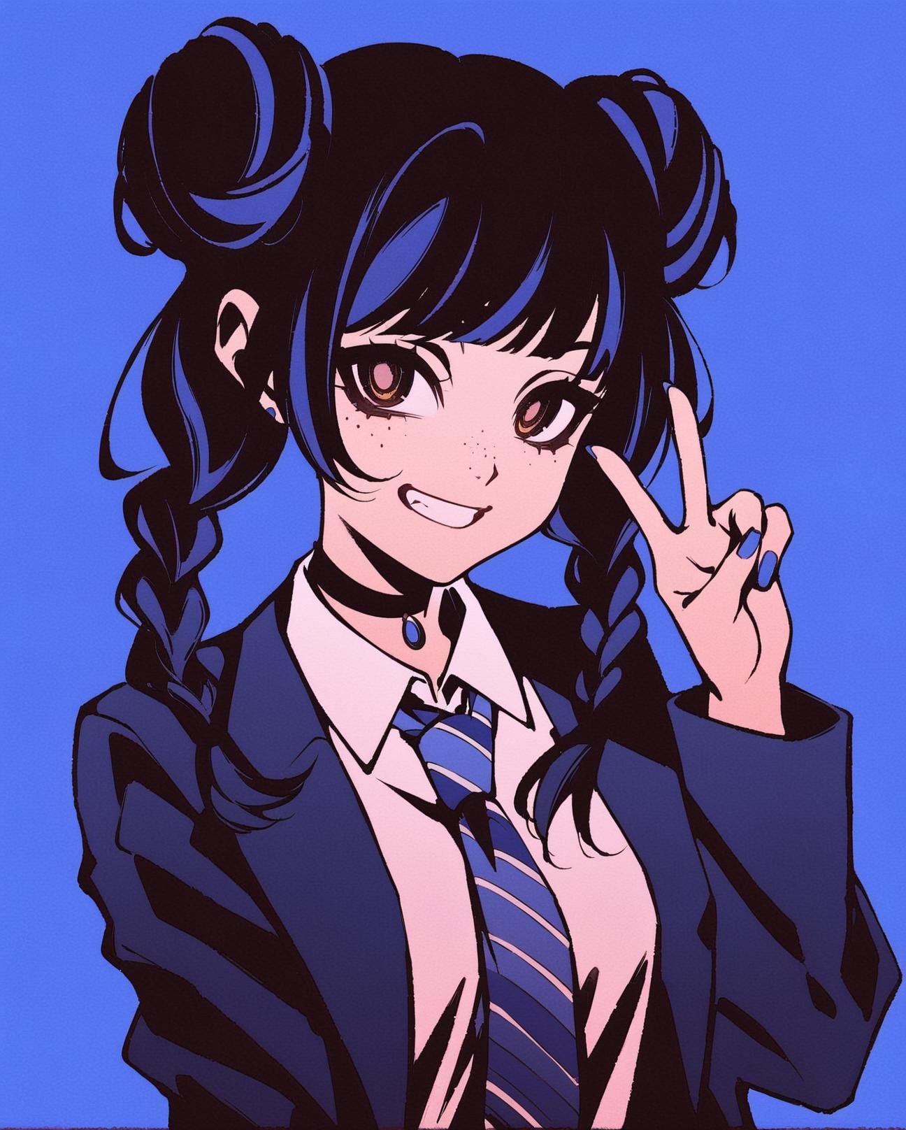 high contrast, simple background,1girl, solo, necktie, double bun, v, smile, jacket, choker, braid, hair bun, looking at viewer, shirt, simple background, upper body, blue background, nail polish, blue nails, collared shirt, brown eyes, bangs, blue necktie, black choker, white shirt, blue hair, freckles, grin, striped necktie, long sleeves, open jacket, blue jacket, twin braids, hand up,<lora:Hcontrast-000014:0.9>