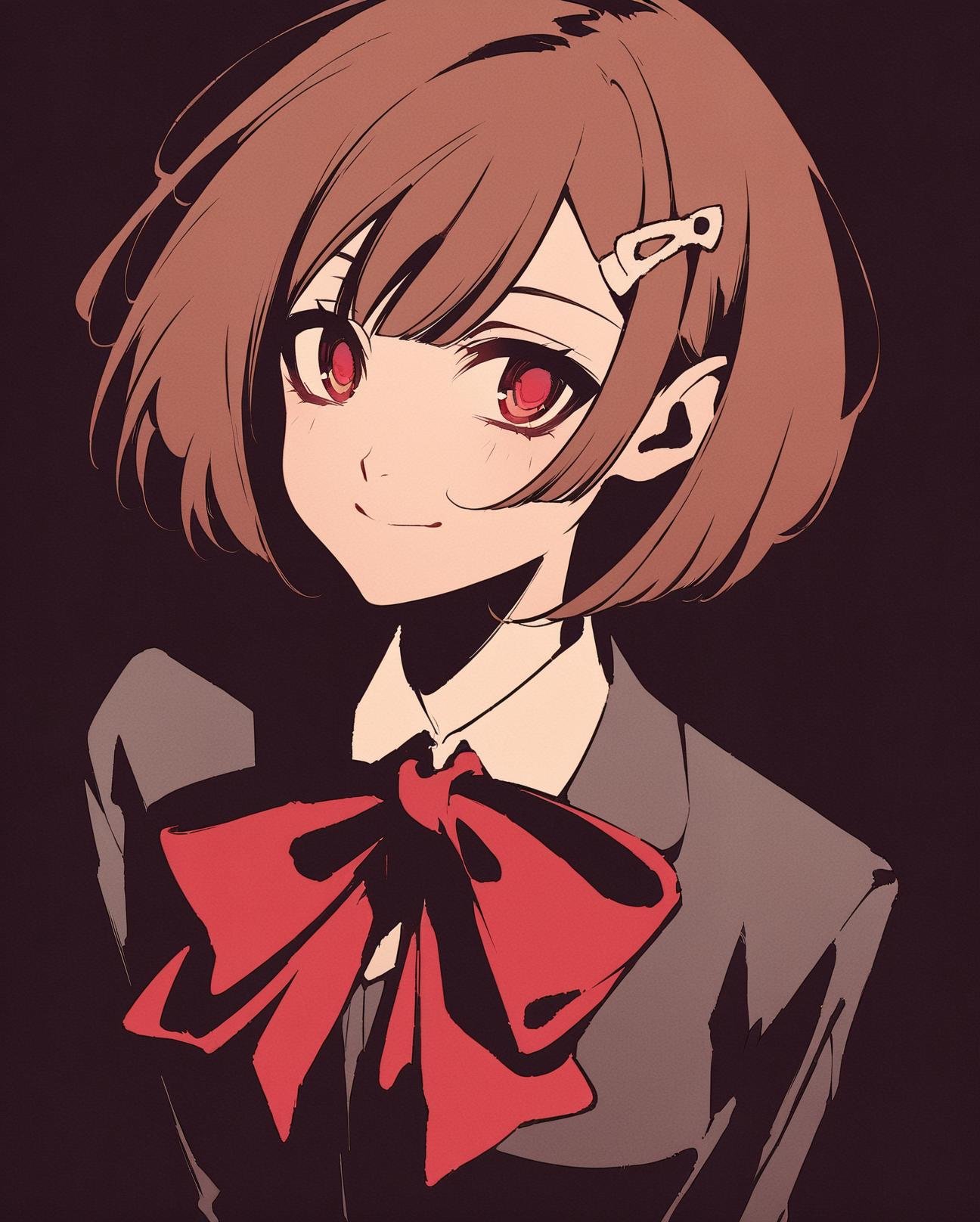 high contrast,  two-tone background, 1girl, solo, hair ornament, school uniform, shiomi kotone, gekkoukan high school uniform, hairclip, brown hair, bow, short hair, red eyes, red bow, upper body, simple background, ribbon, closed mouth, smile, bowtie, red bowtie,<lora:Hcontrast-000014:0.9>