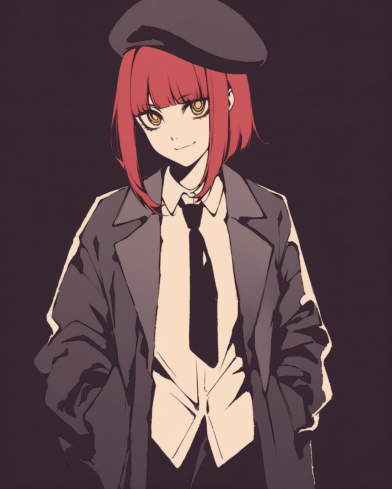 high contrast, simple background, 1girl, bangs, beret, black coat, black necktie, black pants, closed mouth, coat, collared shirt, hands in pockets, hat, jacket, looking at viewer, makima, (chainsaw man), medium hair, necktie, open coat, pants, red hair, ringed eyes, shirt, sidelocks, simple background, smile, solo, black background, white shirt, yellow eyes,<lora:Hcontrast-000014:0.9>