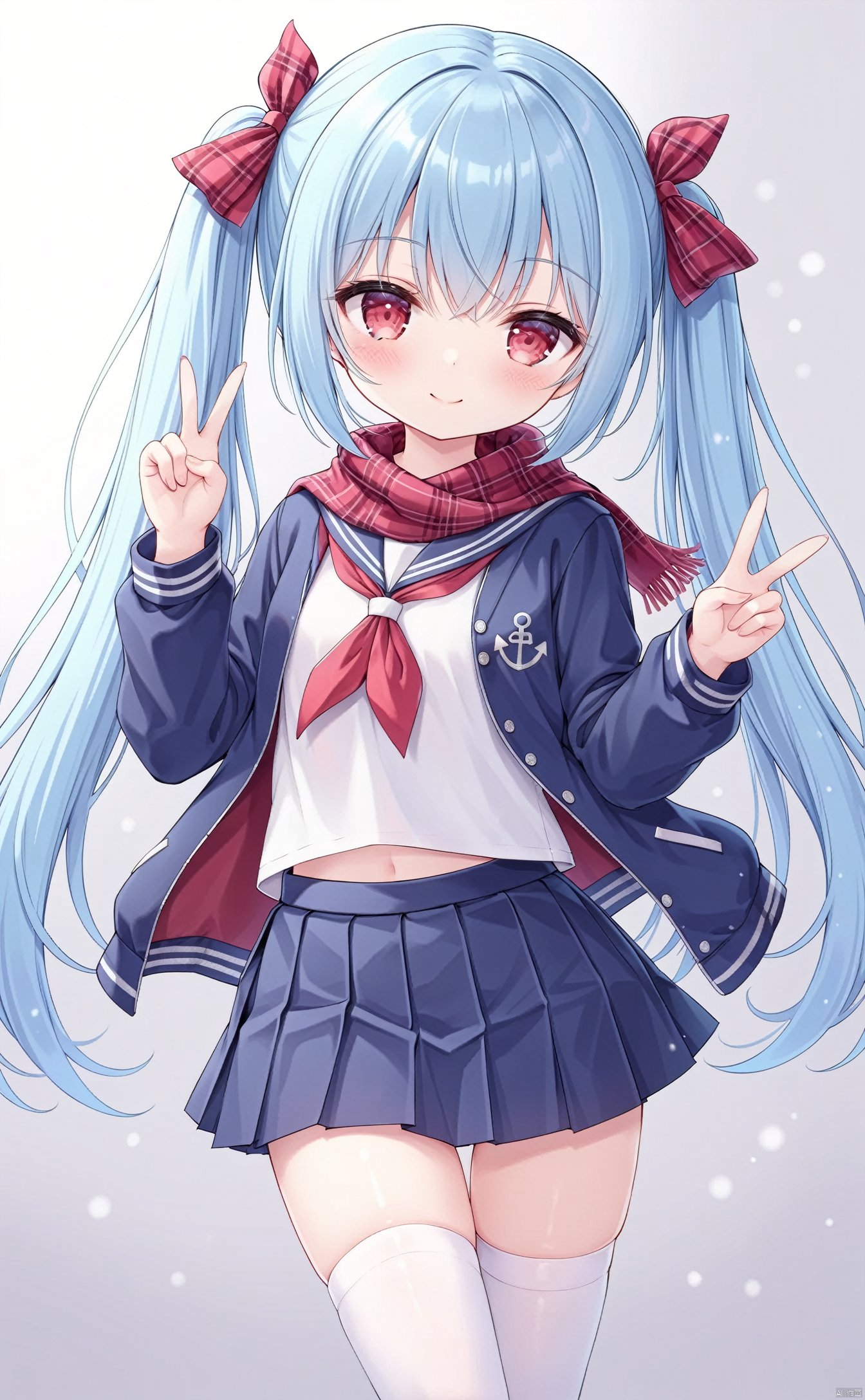 very long hair,twintails,grossissementdedeuxcentsoixantepourcent,grossissementdedeuxcentsoixantepourcent,grossissementdedeuxcentsoixantepourcent,grossissementdedeuxcentsoixantepourcent,grossissementdedeuxcentsoixantepourcent,grossissementdedeuxcentsoixantepourcent,grossissementdedeuxcentsoixantepourcent,grossissementdedeuxcentsoixantepourcent, 1girl, solo, skirt, thighhighs, long_hair, scarf, red_eyes, blue_hair, blue_skirt, smile, pleated_skirt, looking_at_viewer, jacket, ribbon, bow, school_uniform, v, zettai_ryouiki, shirt, red_bow, open_clothes, white_shirt, cowboy_shot, blush, hair_ribbon, sailor_collar, closed_mouth, two_side_up, open_jacket, bangs, outstretched_arm, blue_jacket, standing, anchor_symbol, serafuku, plaid, miniskirt, bowtie, plaid_scarf,loli,loli,loli,loli,loli,loli,loli,loli,