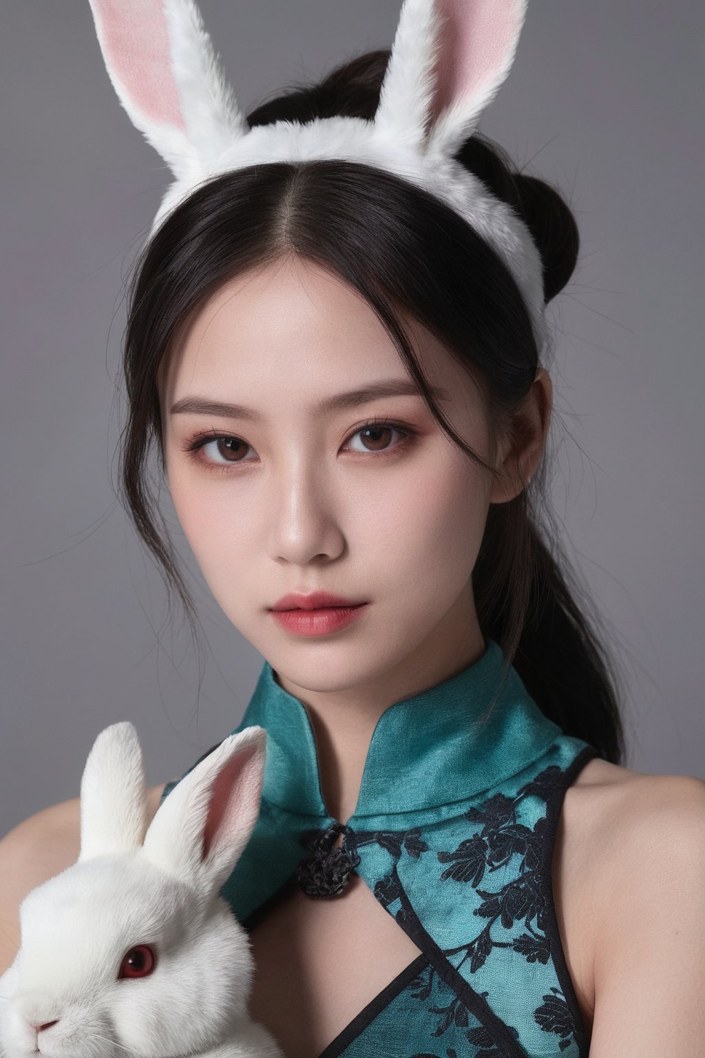 (ultra realistic,best quality),hubgwomen,masterpiece, 8k, hq, 1 girl,photorealistic,Extremely Realistic, in depth, cinematic light,hubggirl, red eyes, black hair, hair bun with accessories, traditional East Asian attire, rabbit ears headpiece, black and teal clothing, cloud pattern on garment, mystical, two black rabbits, one on shoulder and one in foreground, pale skin, blush on cheeks, serious expression, white background, portrait, upper body shot, artful composition, detailed line art, vibrant color contrast., ,HUBGGIRL