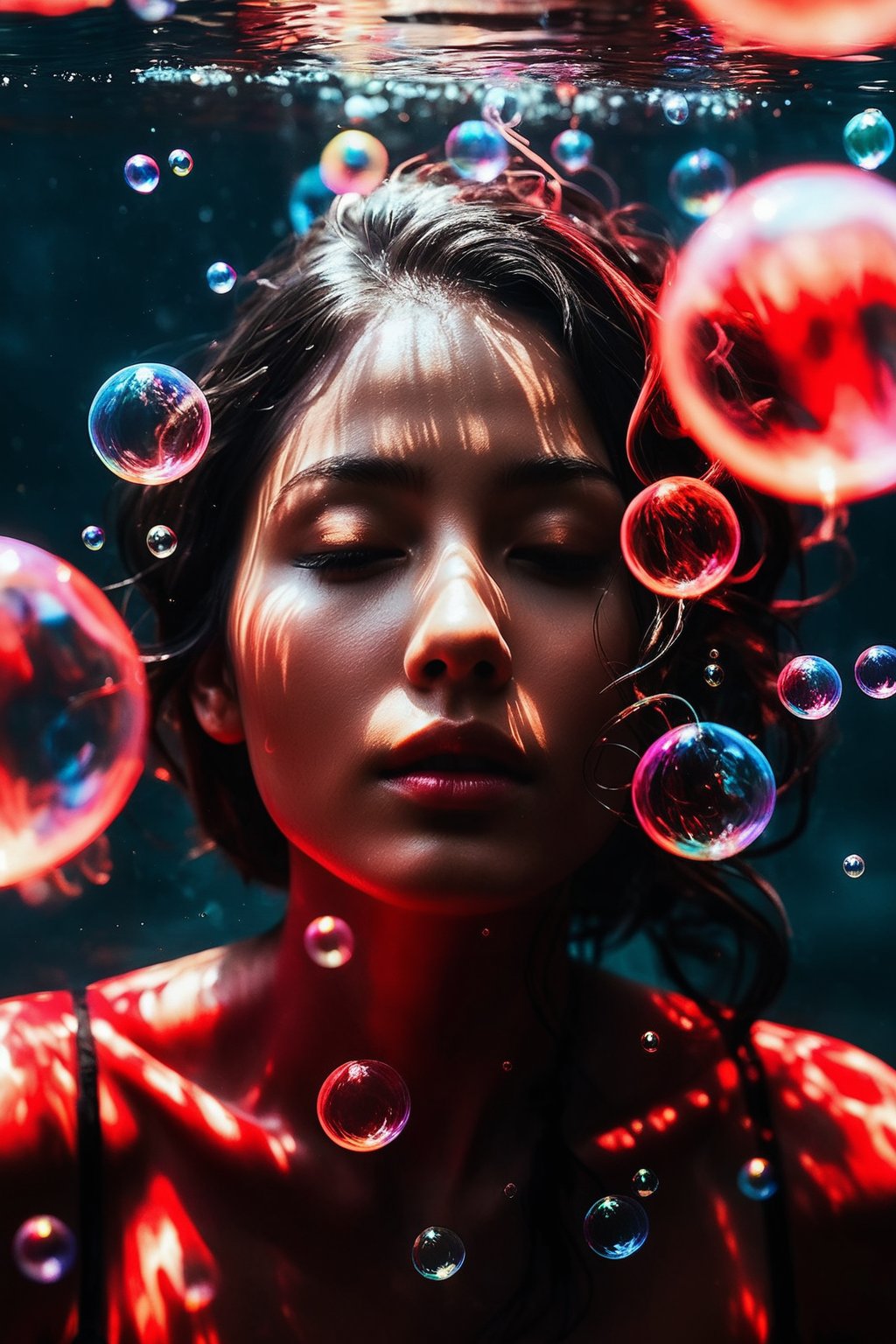 a portrait of a women submerged, with streams of red and black ink swirling around them, resembling billowing smoke underwater. The play of light creates a stark contrast, highlighting the serene expression on the face amidst the chaos of colors, with bubbles scattered across the view, suggesting a silent, slow-motion explosion. The light refracts through the water, adding depth and a dreamlike quality to the scene, focusing on the interplay between the inky tendrils and the illuminated bubbles., Precipitate girl, sexy pose