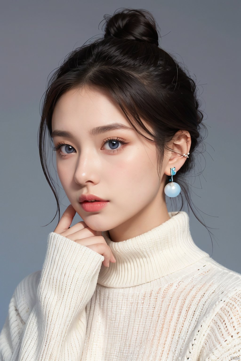  1girl, solo, jewelry, realistic, earrings, hair bun, looking at viewer, lips, white sweater, portrait, black hair, long hair, nose, piercing, long sleeves, grey eyes, closed mouth, eyelashes, double bun, blue eyes,ear piercing, close-up,