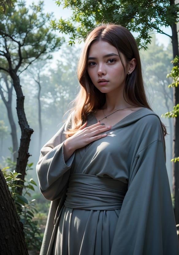 beautiful girl in gray robe standing in the dark forest,  epic style,  octane render by Wick.J on Tensor.Art