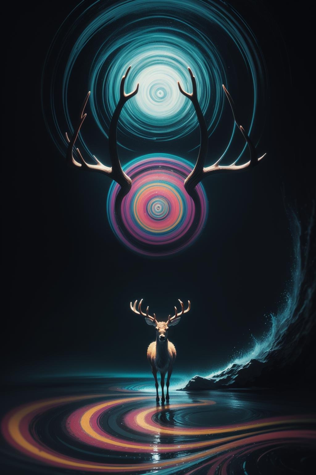 (Psychedelic painting of a deer standing in front of a colorful swirl),  ((multiple antlers,  stag by Wick.J on Tensor.Art