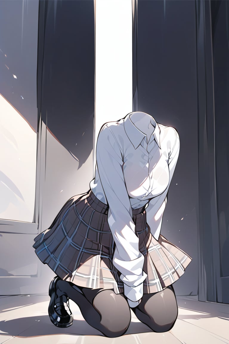 invisible person,1girl,kneeling down,digital art,white shirt,plaid skirt,black shoes,transparent effect,<lora:toumingren-000006:0.9>,