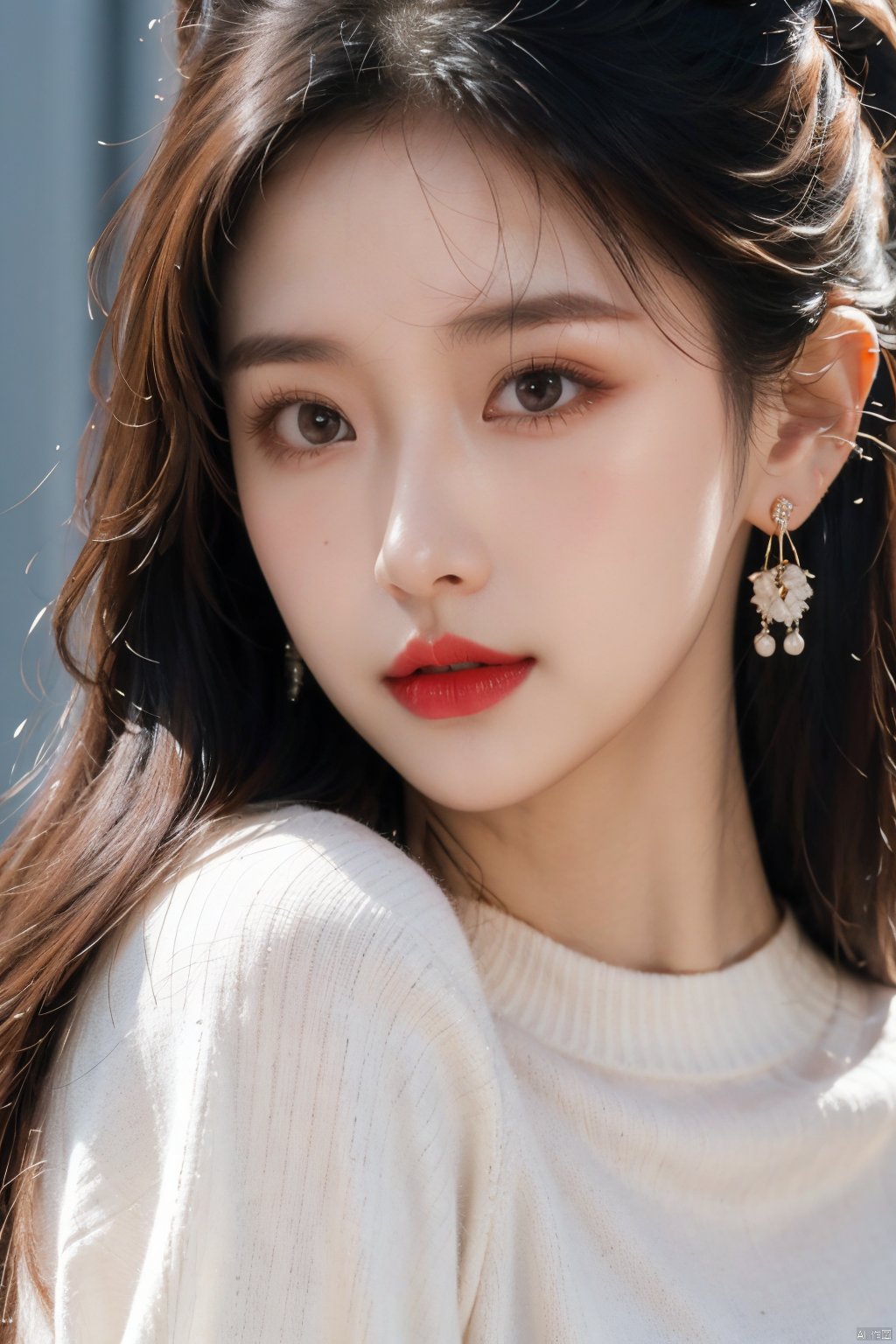  1girl, solo, jewelry, realistic, earrings, looking at viewer, lips, lipstick,white sweater, portrait, black hair, long hair, nose, piercing, long sleeves, closed mouth, eyelashes, double bun, ear piercing, close-up, 1 girl