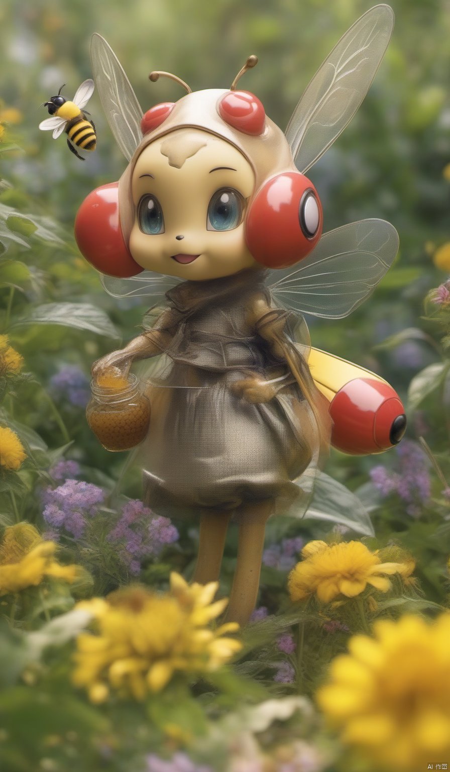 Sewing doll,solo,pokemon_\(creature\),no_humans,photo,8k,highly detailed,digital photography,hdr,realistic,high definition,,bees gather honey in the garden,flower