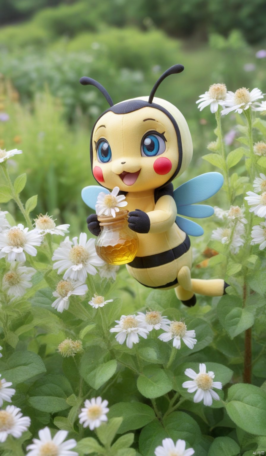 BJ_Sewing_doll,solo,pokemon_\(creature\),no_humans,photo,8k,highly detailed,digital photography,hdr,realistic,high definition,,bees gather honey in the garden,flower