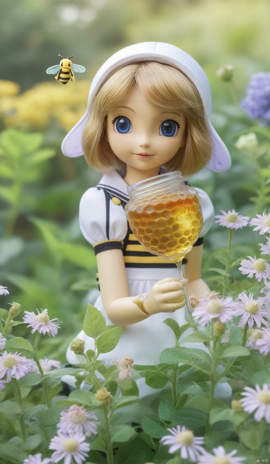 BJ_Sewing_doll,solo,pokemon_\(creature\),no_humans,photo,8k,highly detailed,digital photography,hdr,realistic,high definition,,bees gather honey in the garden,flower