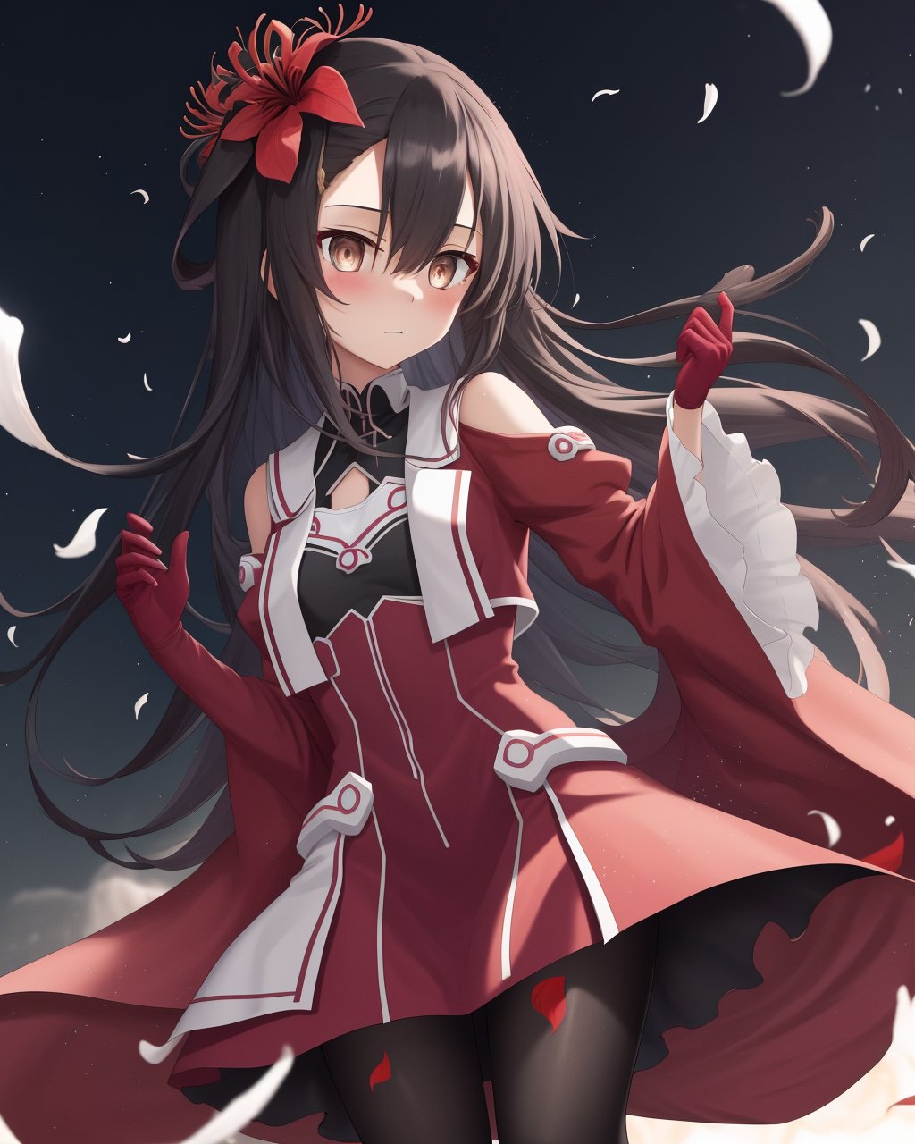 <lora:Koori_Chikage-10:0.8>,1girl, solo,shirt, black hair,dark brown eyes,hair between eyes,dress, flower, hair flower, wide sleeves, red flower, red gloves, spider lily,black pantyhose,Magic Girl,