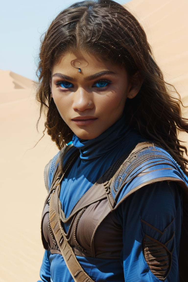 masterpiece, best quality, dune, desert costume, blue eyes, white skin, a yound lady, Zendaya,blue_eyes,more detail XL,ohwx