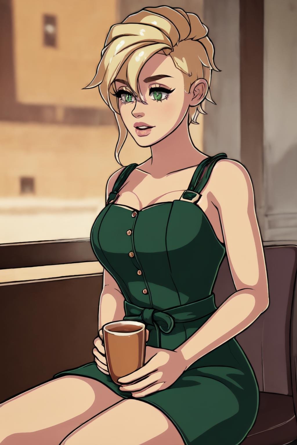 beautiful eyes, beautiful girl, high detail skin, high detail eyes, high detail hair, highres, ultra detailed, sharpen picture, Highly detailed, masterpiece, best quality, photorealistic,<lora:ThirdCrisisStyleLora:0.8>thirdcrisis, sitting in a cafe holding a cup of tea, green summer dress, blonde short hair, side cut, sundown