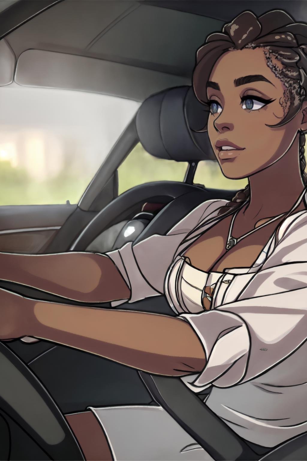 beautiful eyes, beautiful girl, high detail skin, high detail eyes, high detail hair, highres, ultra detailed, sharpen picture, Highly detailed, masterpiece, best quality, photorealistic,<lora:ThirdCrisisStyleLora:0.8>thirdcrisis, sitting in a car, holding the steering wheel, wearing a shirt, dark skin, braids