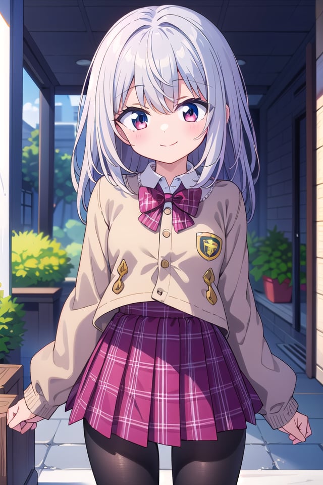 insanely detailed, absurdres, ultra-highres, ultra-detailed, best quality,1girl, solo, nice hands, perfect handsBREAK(School Uniforms:1.2), (pink cardigan is fit body:1.4), ((do up a buttons, not loose):1.5), ((long sleeve, sleeves past wrists):1.2), (inner wear is white collared-shirt:1.3), (red plaid-pattern bow:1.3), (red plaid-pattern pleated skirt:1.3), ((dark-brown pantyhose, loafers):1.2), (cleavage:-1.5)BREAKhappy smile, laugh, closed mouthBREAK(45 angle:-1.5), (from side:-1.5),standing, cowboy shot, looking at viewerBREAKslender, kawaii, perfect symmetrical face, ultra cute girl, ultra cute face, ultra detailed eyes, ultra detailed hair, ultra cute, ultra beautifulBREAKin forest, depth of field, ultra detailed backgroundBREAKmedium large breastsBREAK(grey hair, red eyes), spiked hair,