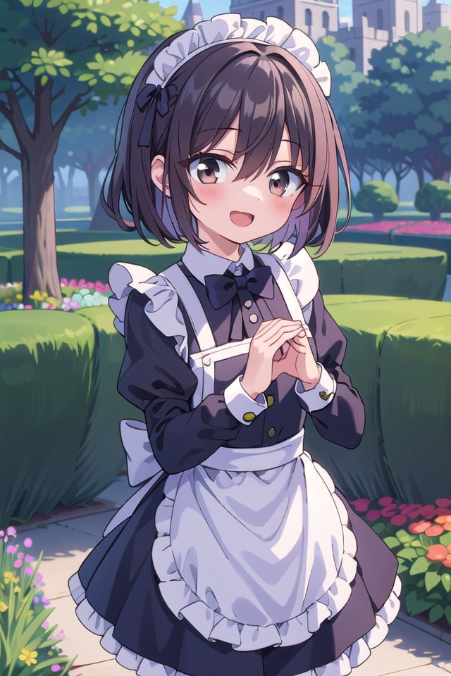 insanely detailed, absurdres, ultra-highres, ultra-detailed, best quality,1girl, solo, nice hands, perfect handsBREAK(cleavage:-1.5),(traditional maid:1.2),apron, blush, bow, bowtie, frilled apron, frills, long sleeves, maid, maid apron, maid headdress, waist apron, white apron,(maid costume, maid hair dress:1.3), long skirtBREAKhappy smile, laugh, open mouthBREAK,standing, cowboy shot, looking at viewerBREAKslender, kawaii, perfect symmetrical face, ultra cute girl, ultra cute face, ultra detailed eyes, ultra detailed hair, ultra cute, ultra beautifulBREAKfantasy world, garden of a castle, depth of field, ultra detailed backgroundBREAKmedium breastsBREAK(brown hair, brown eyes), short bob cut, hair between eyes