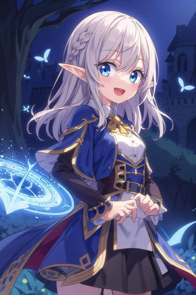 insanely detailed, absurdres, ultra-highres, ultra-detailed, best quality,1girl, solo, nice hands, perfect handsBREAKelf girl, (wearing sorcerer outfit:1.2), (nsfw:-1.5), (navel:-1)BREAKhappy smile, laugh, open mouthBREAK45 angle,standing, cowboy shot, looking at viewerBREAKslender, kawaii, perfect symmetrical face, ultra cute girl, ultra cute face, ultra detailed eyes, ultra detailed hair, ultra cute, ultra beautifulBREAKfantasy world, garden of castle, depth of field, ultra detailed backgroundBREAKmedium breasts,BREAKsilver hair, elf ear, blue eyes