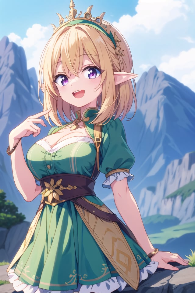 insanely detailed, absurdres, ultra-highres, ultra-detailed, best quality,1girl, solo, nice hands, perfect handsBREAKelf girl, (wearing green dress:1.2), (nsfw:-1.5), (navel:-1)BREAKhappy smile, laugh, open mouthBREAKstanding, cowboy shot, looking at viewerBREAKslender, kawaii, perfect symmetrical face, ultra cute girl, ultra cute face, ultra detailed eyes, ultra detailed hair, ultra cute, ultra beautifulBREAKOn the peak of a distant mountain, a gargantuan dragon from the ancient times roars, depth of field, ultra detailed backgroundBREAKlarge breasts, cleavage,BREAKblonde hair, medium hair, elf ear, pink eyes