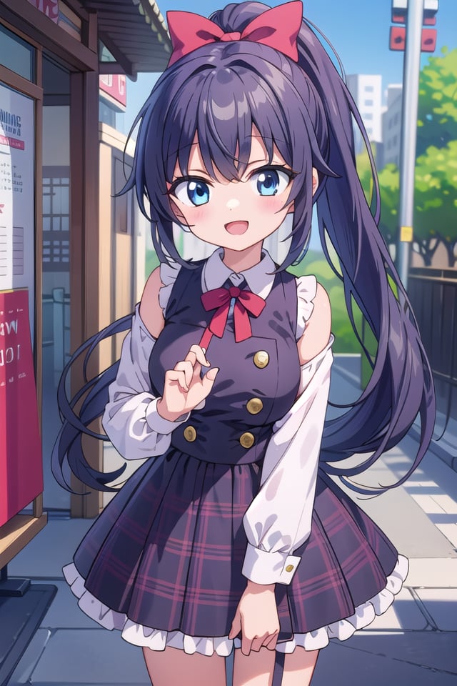 insanely detailed, absurdres, ultra-highres, ultra-detailed, best quality,1girl, solo, nice hands, perfect handsBREAKjirai kei,plaid skirt, shirt, long sleeves, bow, blue skirt, white shoulder frilly shirt, outdoors, blue bow, long hair, (cleavage:-1.5)BREAKhappy smile, laugh, open mouthBREAK45 angle,standing, cowboy shot, looking at viewerBREAKslender, kawaii, perfect symmetrical face, ultra cute girl, ultra cute face, ultra detailed eyes, ultra detailed hair, ultra cute, ultra beautifulBREAKin japanese street, cityscape in japan, depth of field, ultra detailed backgroundBREAKlarge breastsBREAKblack hair, black eyes, ponytail,