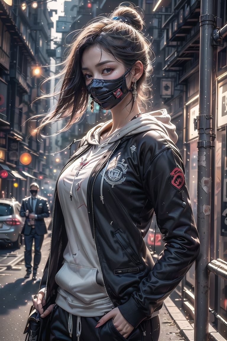 Master work, best picture quality, higher quality, ultra-high resolution, 8k resolution, exquisite facial features, perfect face, girl, assassin, fashion ((upper body clothing, hoodie inside, suit jacket outside)) sneakers, Black mask, cross earrings, carrying a delicate and beautiful samurai sword, night, city, movie style