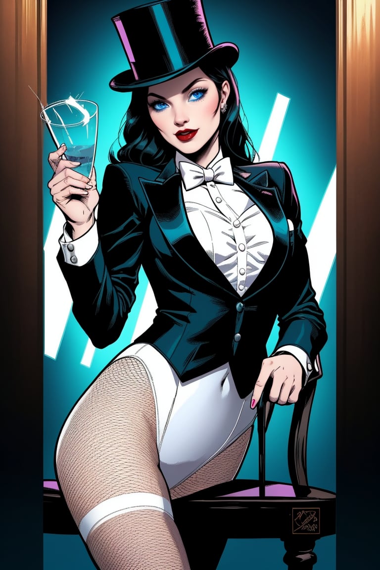 Zatanna DC comic character, Beautiful Italian woman, long black hair, bright cyan colored eyes, shapely body, top hat, black tuxedo jacket, white top underneath, white bow-tie, black fishnet tights, black knee-high high-heeled boots,Zattana