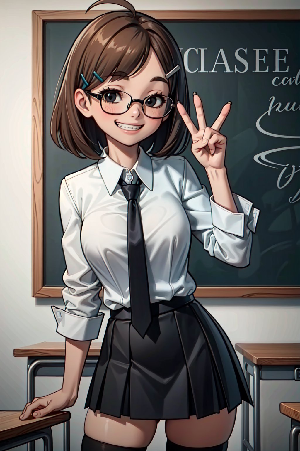 (1girl, solo. (Jackie_wackerman,16yo), medium hair, hairclip, cinnamon hair, black eyes, glasses, grin, brackets, (school uniform,collared shirt, white shirt, black necktie,black skirt, black thighhighs), 