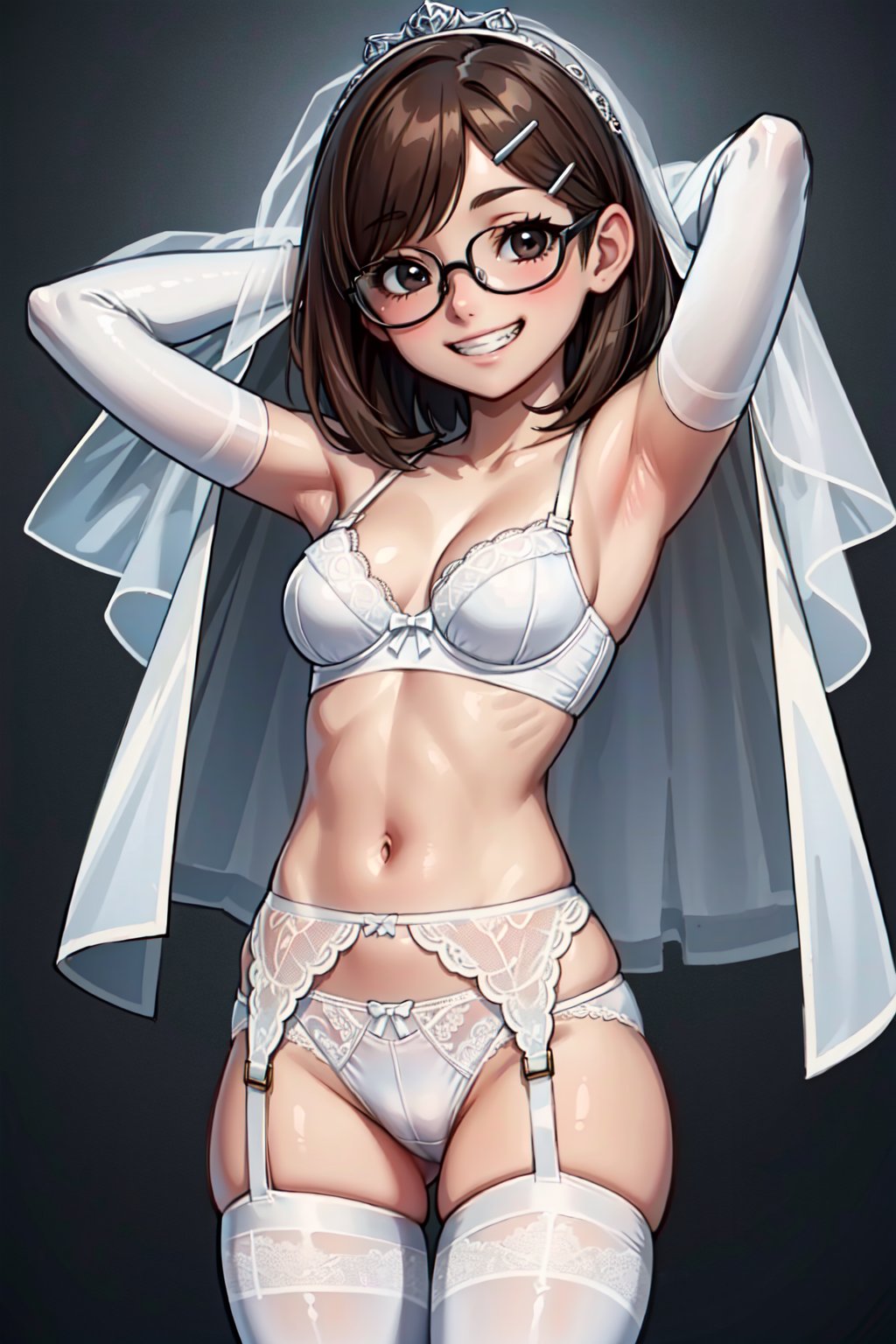 (1girl, solo. (Jackie_wackerman,16yo), medium hair, hairclip, brown hair, black eyes, baggy eyes,glasses, grin, brackets, (white garter belt, white bra, white panties, white elbow gloves, white pantyhose, arms behind head,bridal veil), 