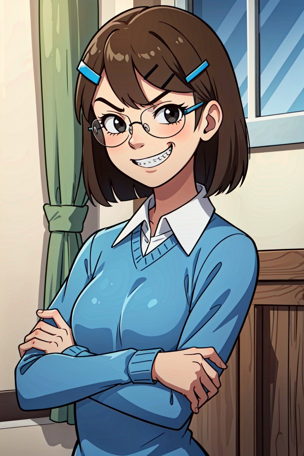 (1girl, solo. (Jackie_wackerman,14yo), medium hair, brown hair, hair ornament, hairclip, black eyes, glasses, grin, evil smile, angry, (collared shirt,white shirt, long sleeves),(blue sweater, short sleeves, white sleeves,crossing arms,upper body), 