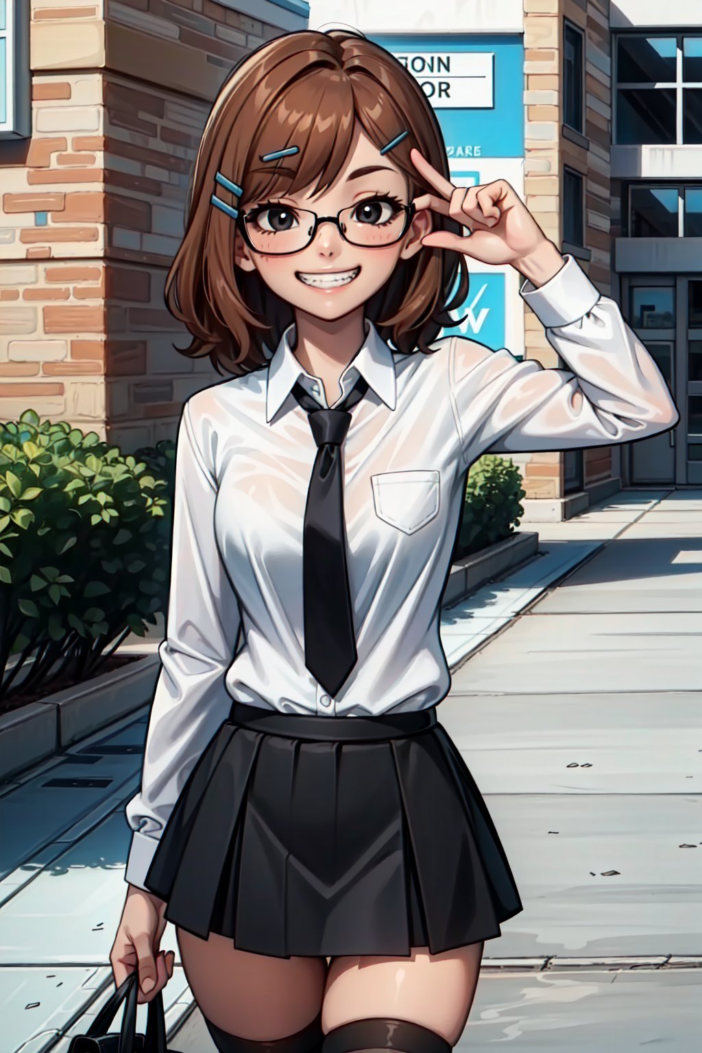 (1girl, solo. (Jackie_wackerman,16yo), medium hair, hairclip, cinnamon hair, black eyes, glasses, grin, brackets, (school uniform,collared shirt, white shirt, black necktie,black skirt, black thighhighs), 