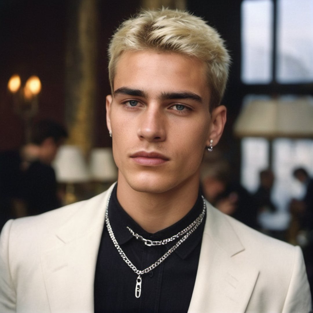 GQ, handsome italian teen man in a party, 2000s, thick eyebrows, defined jawline, crooked nose, mature, 19 years old, slender, punk, stubble, scruffy face, hot, blonde hair, youthful, boy band, Masterpiece, male model, photography, european, fashion editorial, menswear necklace, chain, peircing, Portrait, seductive pose, maison margiela, dsquared, tom ford

8k, cinematic lighting, very dramatic, very artistic, soft aesthetic, innocent, realistic, masterpiece, Camera settings to capture such a vibrant and detailed image would likely include Canon EOS 5D Mark IV, Lens 85mm f/1.8, f/4.0, ISO 100, 1/500 sec,hdsrmr, cinema verite, film still, ((perfect anatomy): 1.5), best resolution, maximum quality, UHD, life with detail, analog, cinematic moviemaker style