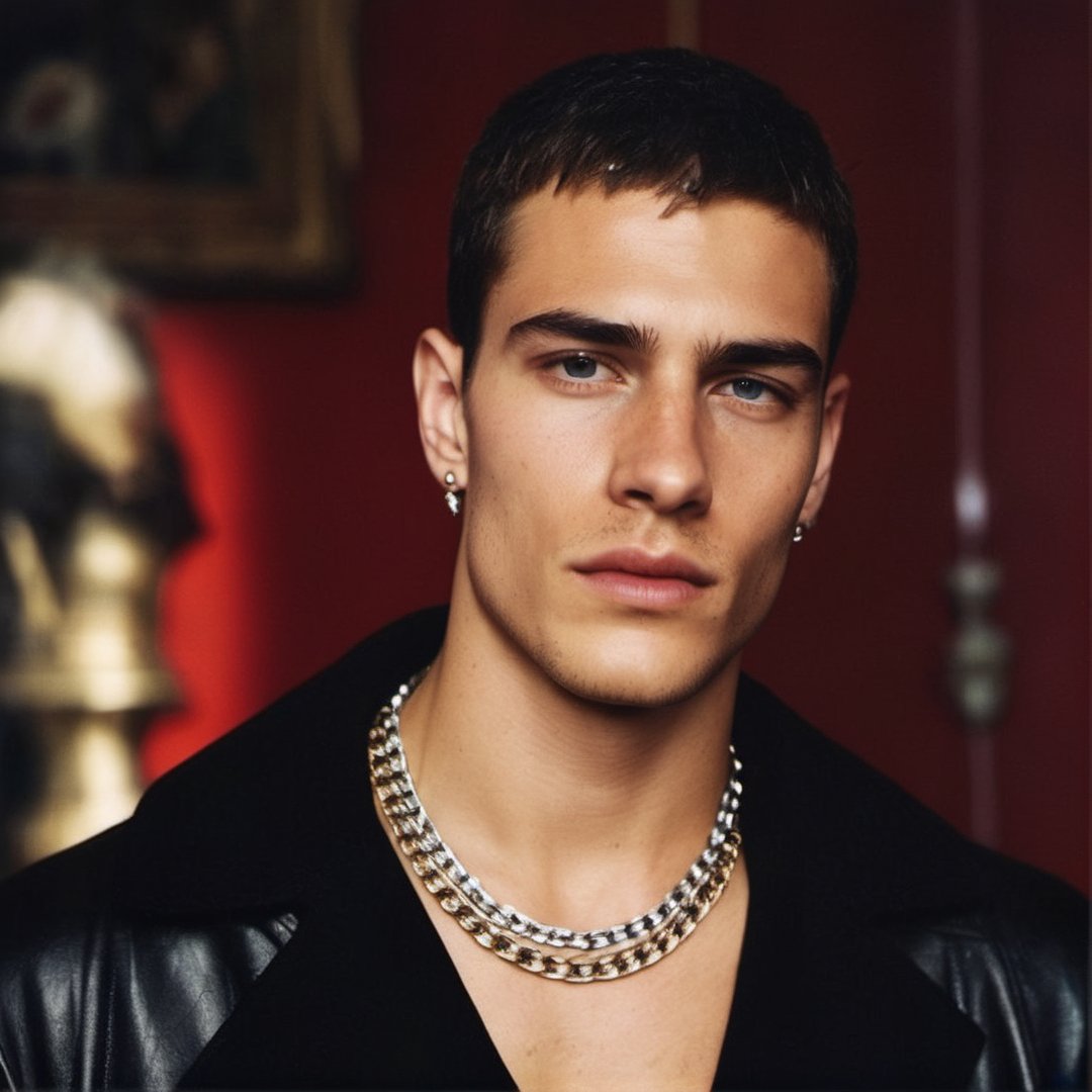 GQ, handsome italian teen man in a party, 2000s, thick eyebrows, defined jawline, crooked nose, mature, 19 years old, slender, punk, stubble, scruffy face, hot, black hair, buzzcut, youthful, boy band, Masterpiece, male model, photography, european, fashion editorial, menswear necklace, chain, peircing, Portrait, seductive pose, maison margiela, dsquared, tom ford

8k, cinematic lighting, very dramatic, very artistic, soft aesthetic, innocent, realistic, masterpiece, Camera settings to capture such a vibrant and detailed image would likely include Canon EOS 5D Mark IV, Lens 85mm f/1.8, f/4.0, ISO 100, 1/500 sec,hdsrmr, cinema verite, film still, ((perfect anatomy): 1.5), best resolution, maximum quality, UHD, life with detail, analog, cinematic moviemaker style